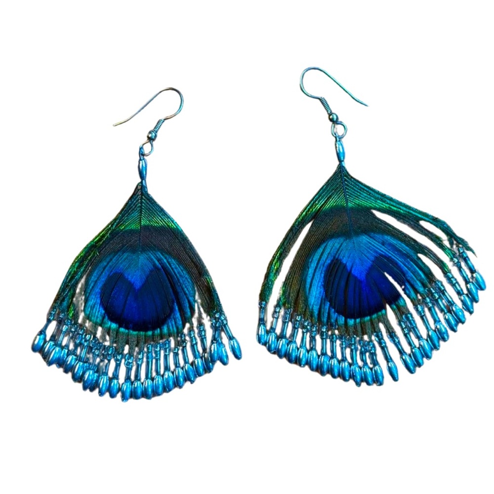 VINTAGE Peacock Feather Dangly Earrings with Beaded Bottom